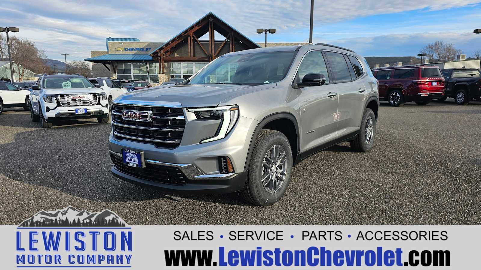 2026 GMC Acadia Elevation in Sterling Metallic — front three-quarter view
